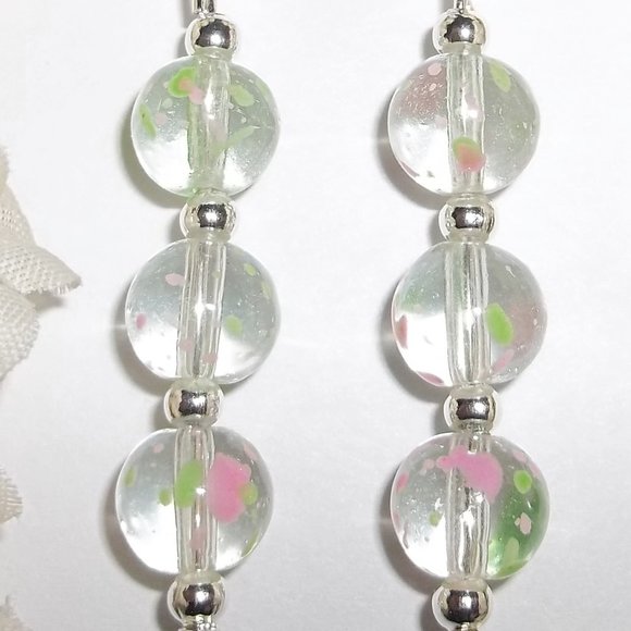 Clear Pink & Green Earring Set Handmade NWT 5146 - Picture 7 of 8